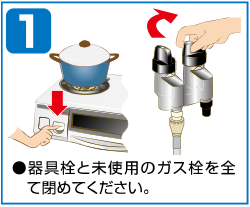 [1] 器具と未使用のガス栓を全て閉めてください。